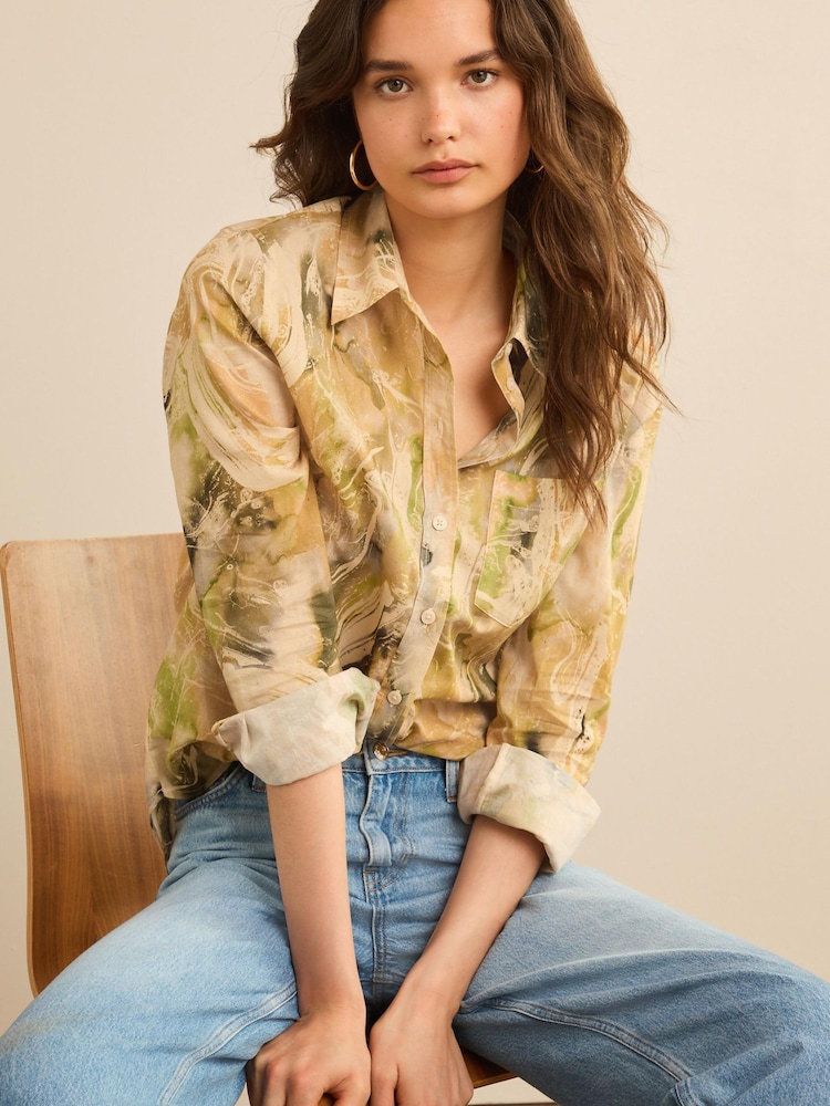 Cream Abstract Print Long Sleeve Shirt - Image 1 of 6