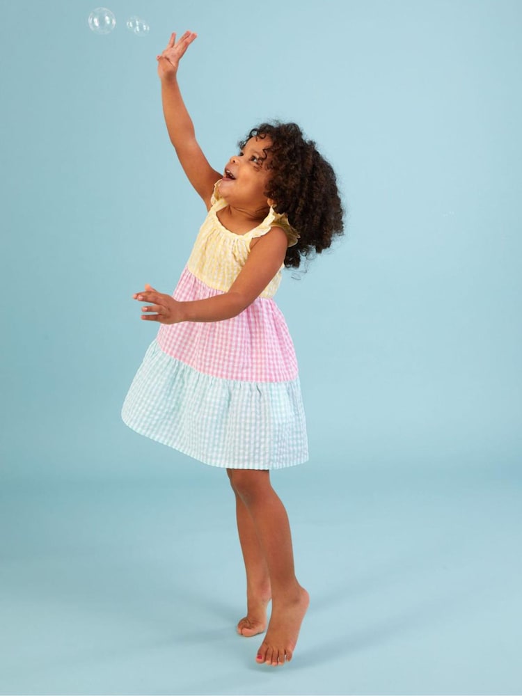 Monsoon Baby Pink Gingham Colour Block Dress - Image 1 of 4