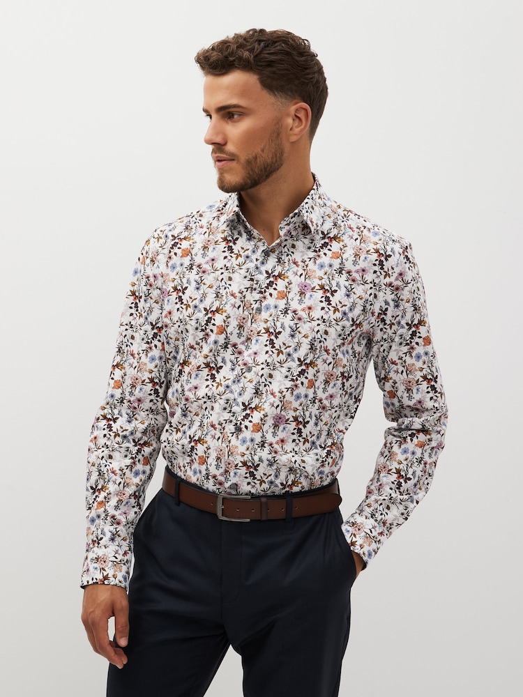White Floral Regular Fit Printed Trimmed Shirt - Image 1 of 8