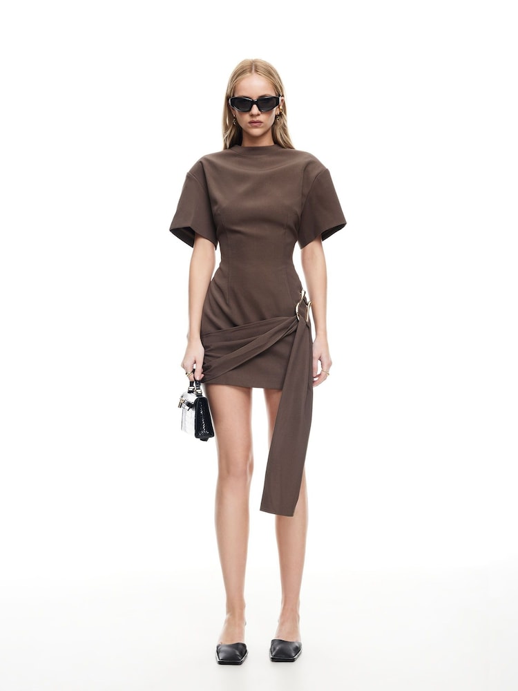 Lioness Brown Martini Asymmetric Ruched Mini Dress - Image 1 of 5