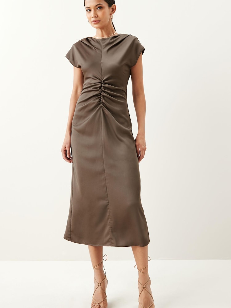 Oyster Gold Ruched Front Satin Dress - Image 1 of 7 Oyster Gold Ruched Front Satin Dress - Image 1 of 7