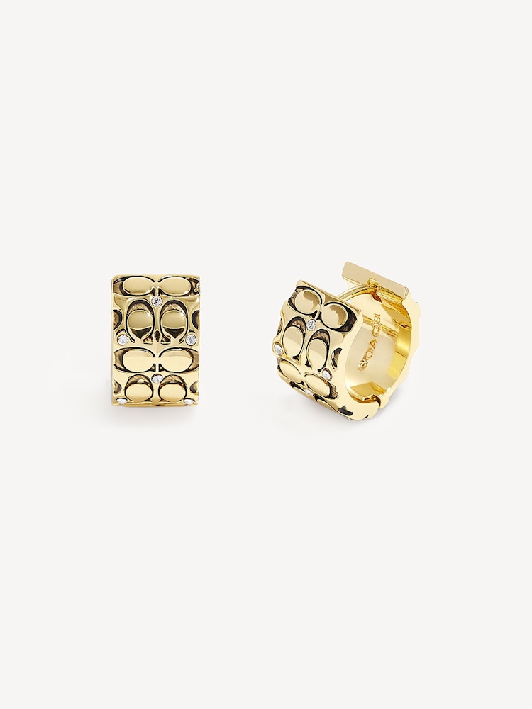COACH Gold Tone Quilted C Wide Huggie Earrings - Image 1 of 2 COACH Gold Tone Quilted C Wide Huggie Earrings - Image 1 of 2