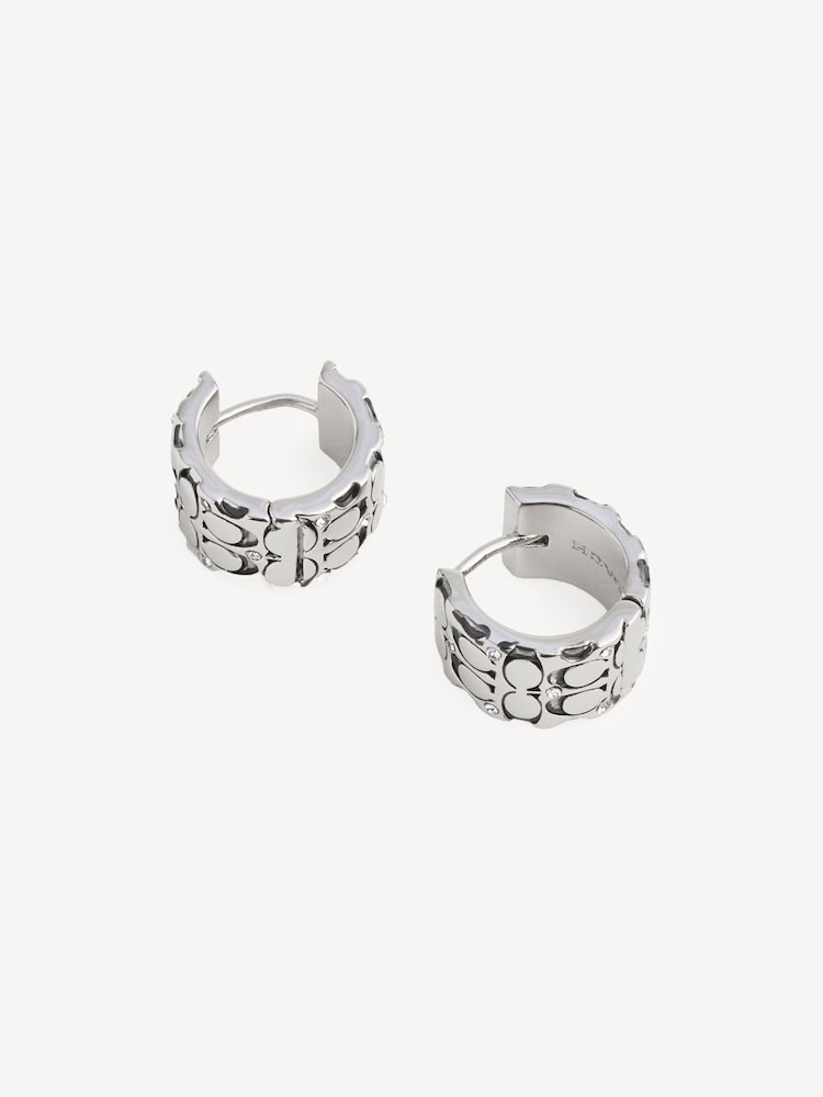 COACH Silver Tone Quilted C Wide Huggie Earrings - Image 2 of 4 COACH Silver Tone Quilted C Wide Huggie Earrings - Image 2 of 4