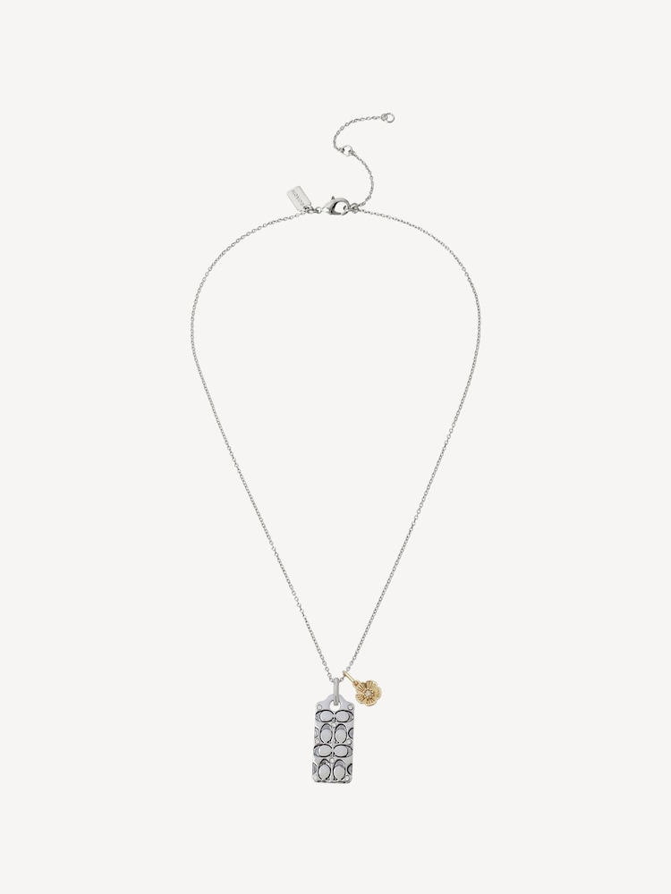 COACH Silver Tone Quilted C Tag Pendant Necklace - Image 1 of 3 COACH Silver Tone Quilted C Tag Pendant Necklace - Image 1 of 3