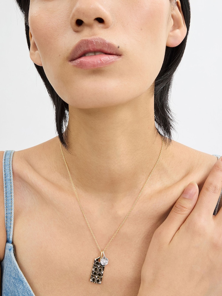 COACH Gold Tone Quilted C Tag Pendant Necklace - Image 3 of 3