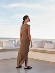 Khaki Green Ruched Jersey Midi Dress - Image 3 of 6