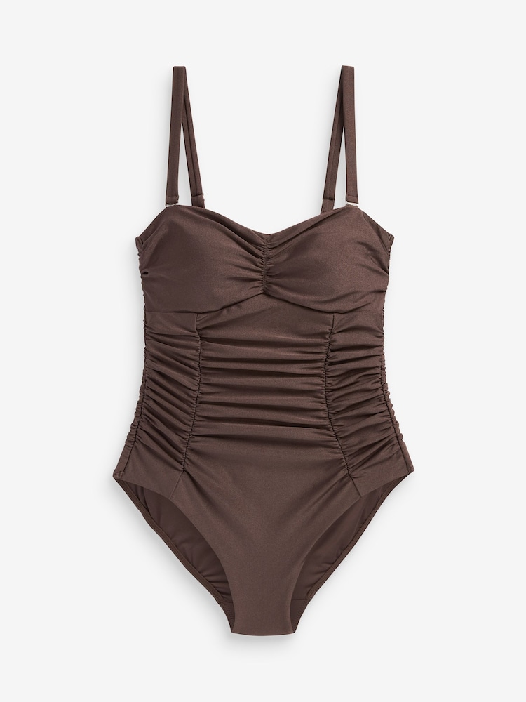 Chocolate Brown Shine Tummy Control Ruched Bandeau Swimsuit - Image 5 of 5