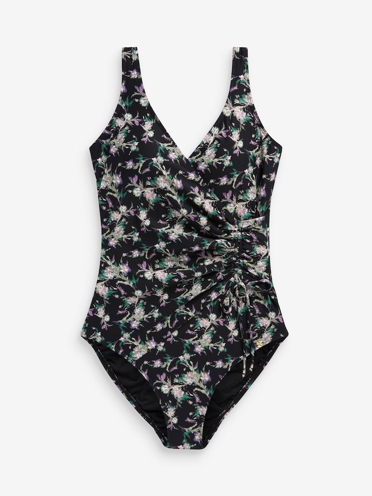 Black Ditsy Floral Ruched Side Tummy Shaping Control Swimsuit - Image 5 of 5