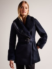 Ted Baker Blue Loleta Belted Faux Fur Collar And Cuffs Coat - Image 1 of 6