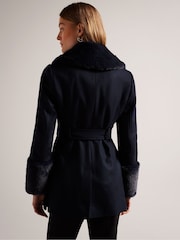 Ted Baker Blue Loleta Belted Faux Fur Collar And Cuffs Coat - Image 2 of 6