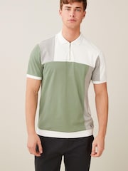 Зеленый/белый - Short Sleeve Black/Tan Brown Vertical Block Polo Shirt - Image 4 of 10