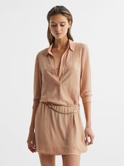 Reiss Nude Austin Embellished Mini Shirt Dress - Image 1 of 6