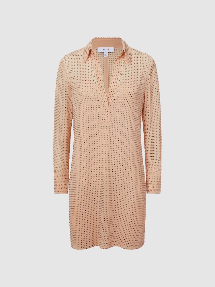 Reiss Nude Austin Embellished Mini Shirt Dress - Image 2 of 6