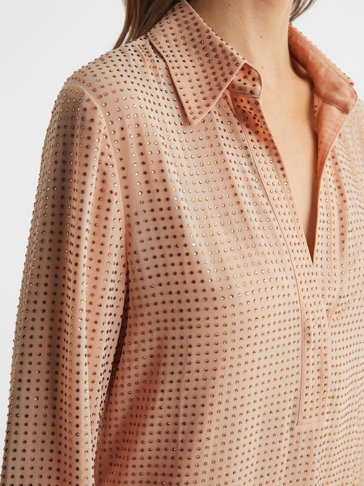 Reiss Nude Austin Embellished Mini Shirt Dress - Image 4 of 6