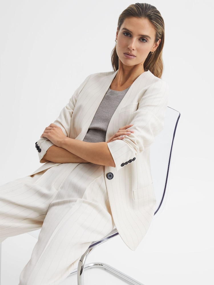 Reiss White Arleth Collarless Pinstripe Blazer - Image 1 of 8