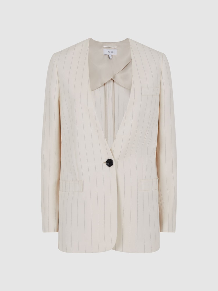 Reiss White Arleth Collarless Pinstripe Blazer - Image 2 of 8