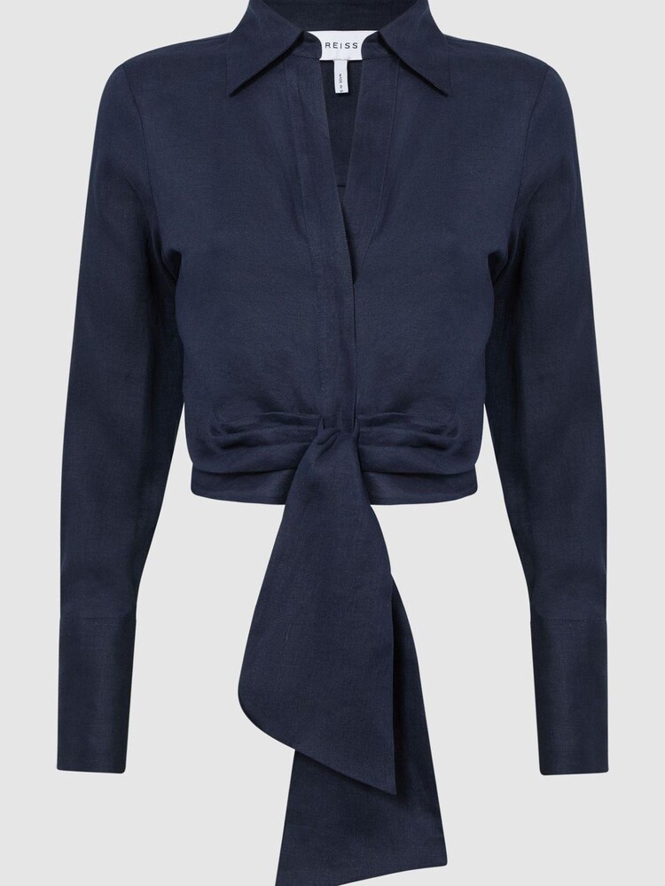 Reiss Navy Dahlia Linen Cropped Tie Front Blouse - Image 2 of 6 Reiss Navy Dahlia Linen Cropped Tie Front Blouse - Image 2 of 6