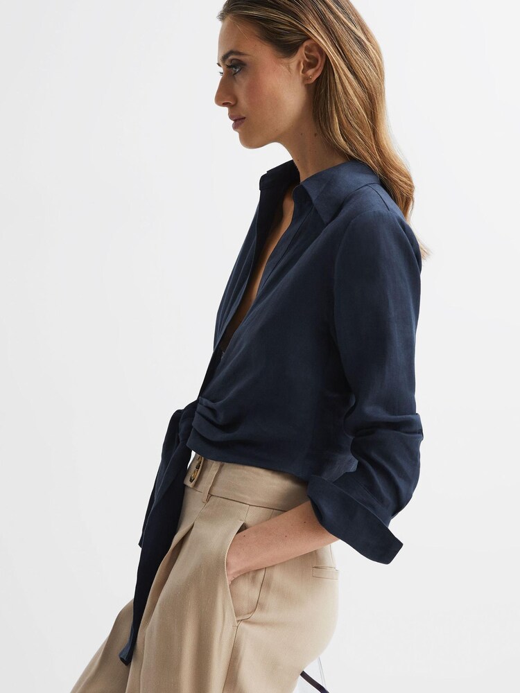 Reiss Navy Dahlia Linen Cropped Tie Front Blouse - Image 6 of 6 Reiss Navy Dahlia Linen Cropped Tie Front Blouse - Image 6 of 6