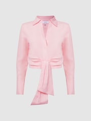 Reiss Pink Dahlia Linen Cropped Tie Front Blouse - Image 2 of 5