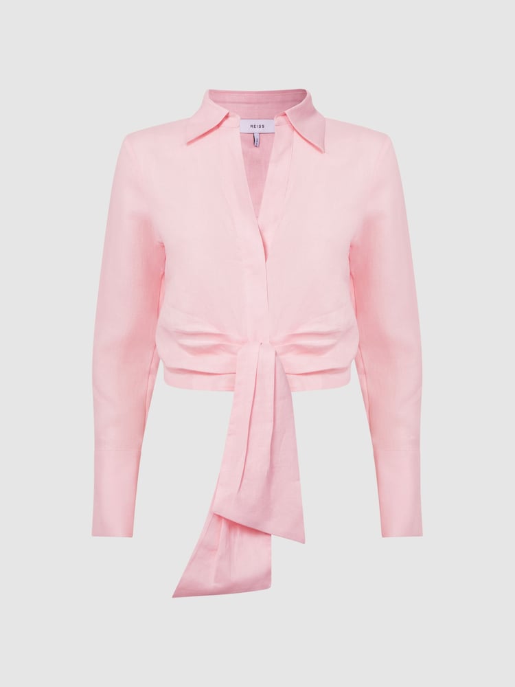 Reiss Pink Dahlia Linen Cropped Tie Front Blouse - Image 2 of 5