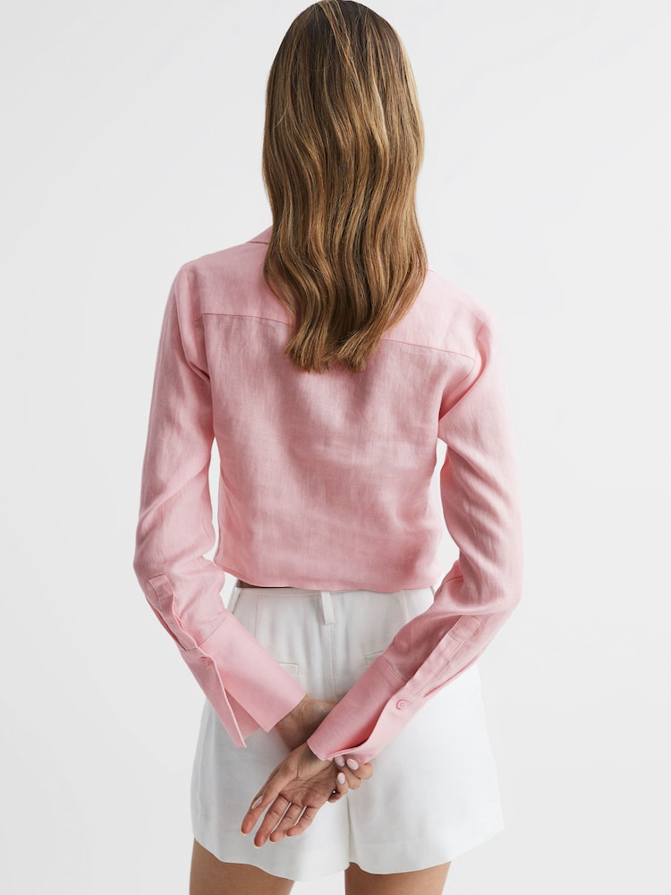 Reiss Pink Dahlia Linen Cropped Tie Front Blouse - Image 5 of 5