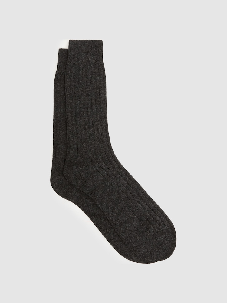 Reiss Charcoal Cirby Wool-Cashmere Blend Ribbed Socks - Image 1 of 3 Reiss Charcoal Cirby Wool-Cashmere Blend Ribbed Socks - Image 1 of 3