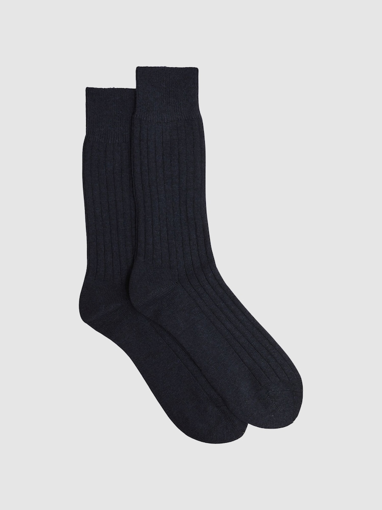 Reiss Navy Cirby Wool-Cashmere Blend Ribbed Socks - Image 1 of 3