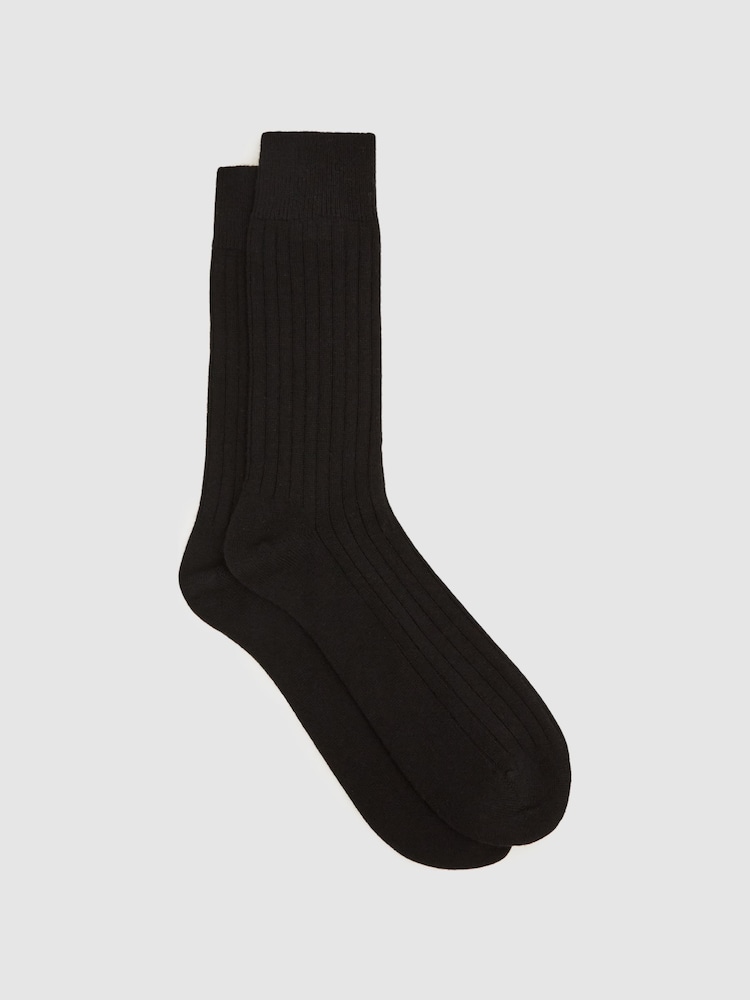 Reiss Black Cirby Wool-Cashmere Blend Ribbed Socks - Image 1 of 3