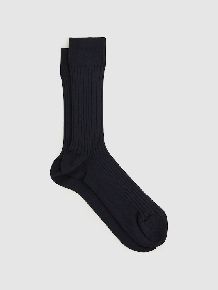 Reiss Navy Feli Ribbed Mercerised Cotton Blend Sock - Image 1 of 3 Reiss Navy Feli Ribbed Mercerised Cotton Blend Sock - Image 1 of 3
