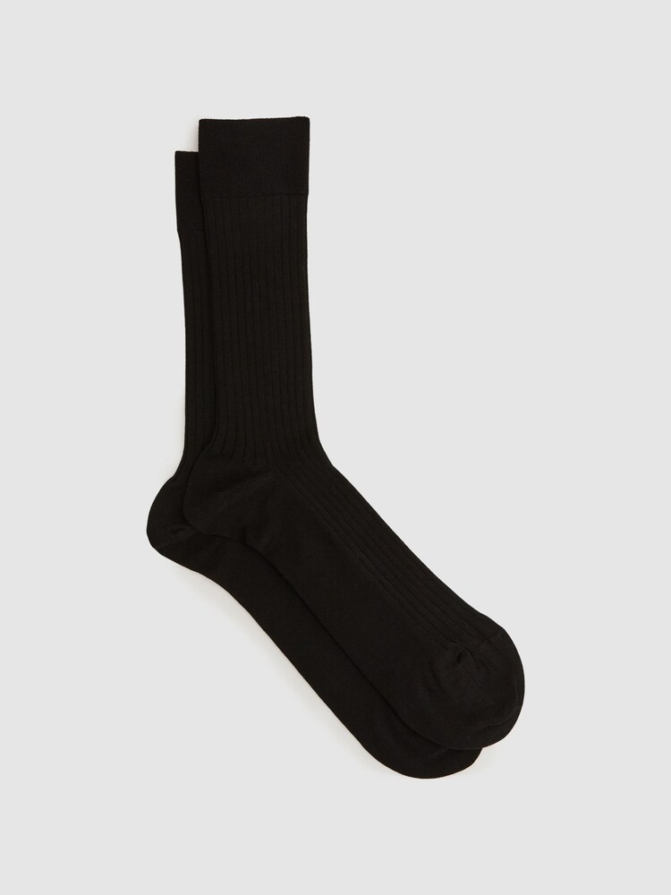 Reiss Black Feli Ribbed Mercerised Cotton Blend Sock - Image 1 of 3 Reiss Black Feli Ribbed Mercerised Cotton Blend Sock - Image 1 of 3