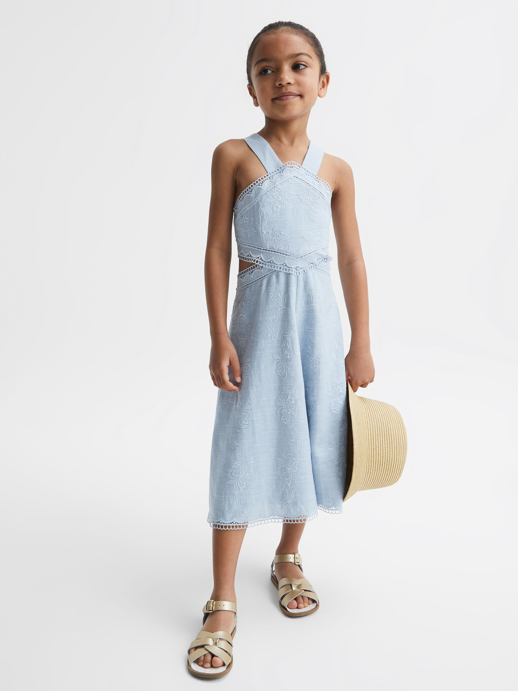 Reiss Blue Senior Cross Back Embroidered Dress In Blue
