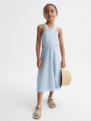 Reiss Blue Louisa Senior Cross Back Embroidered Dress - Image 1 of 6