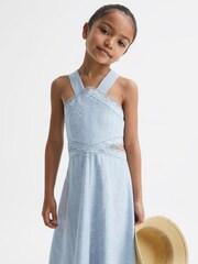 Reiss Blue Louisa Senior Cross Back Embroidered Dress - Image 3 of 6