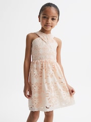 Reiss Pink Callie Cross Back Lace Dress - Image 1 of 6