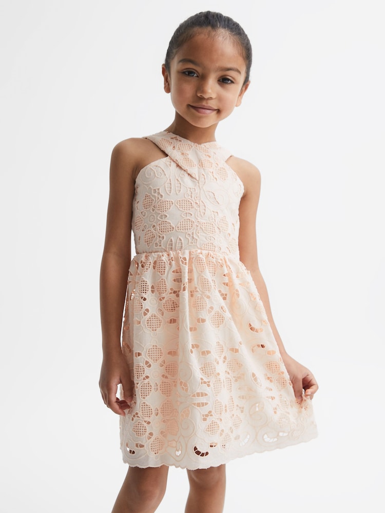 Reiss Pink Callie Cross Back Lace Dress - Image 1 of 6