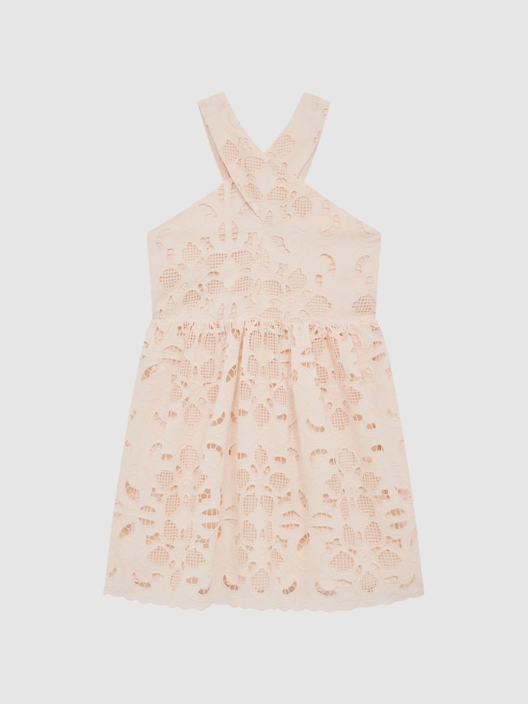 Reiss Pink Callie Cross Back Lace Dress - Image 2 of 6 Reiss Pink Callie Cross Back Lace Dress - Image 2 of 6