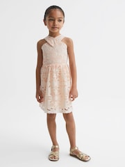 Reiss Pink Callie Cross Back Lace Dress - Image 3 of 6