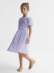 Reiss Lilac Coreen Lace Embroidered Pleated Dress - Image 3 of 6