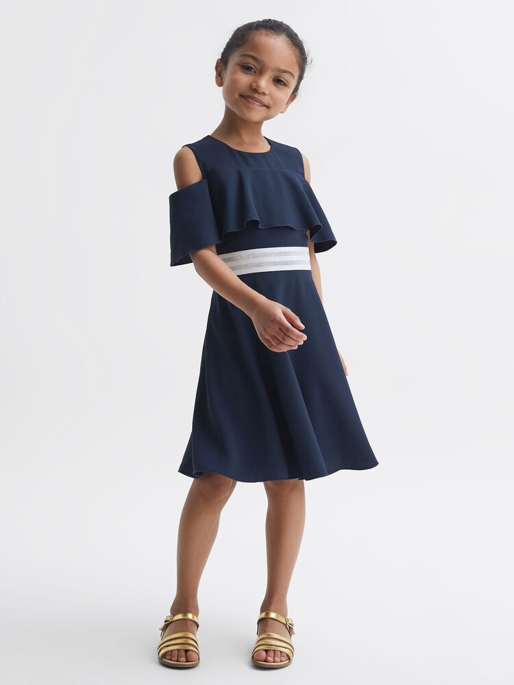 Reiss Navy Paulina Senior Off-The-Shoulder Dress - Image 1 of 5 Reiss Navy Paulina Senior Off-The-Shoulder Dress - Image 1 of 5