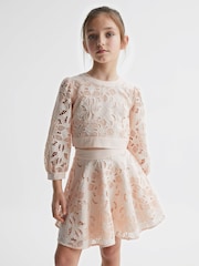 Reiss Pink Nella Junior Long Sleeve Lace Cropped Top - Image 1 of 7