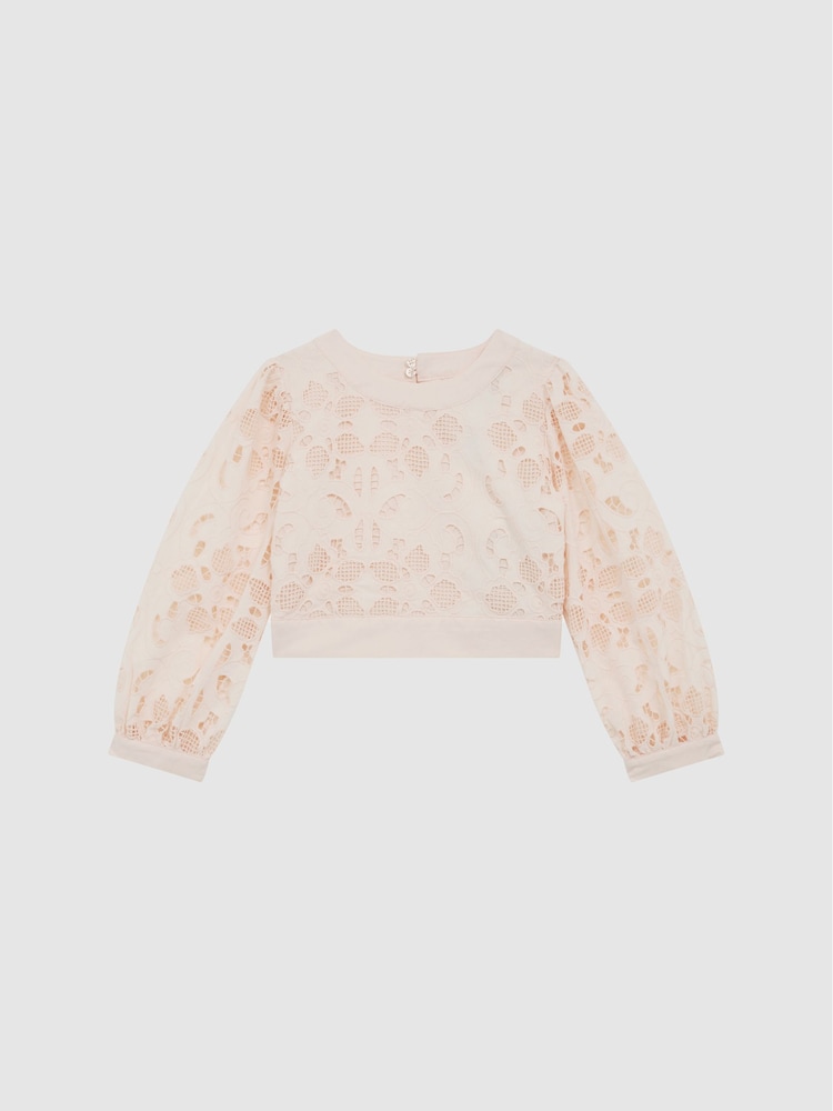 Reiss Pink Nella Junior Long Sleeve Lace Cropped Top - Image 2 of 7