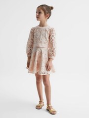 Reiss Pink Nella Junior Long Sleeve Lace Cropped Top - Image 3 of 7