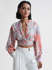 Reiss Coral/White Elle Floral Print Tie Front Cropped Blouse - Image 1 of 5