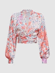 Reiss Coral/White Elle Floral Print Tie Front Cropped Blouse - Image 2 of 5