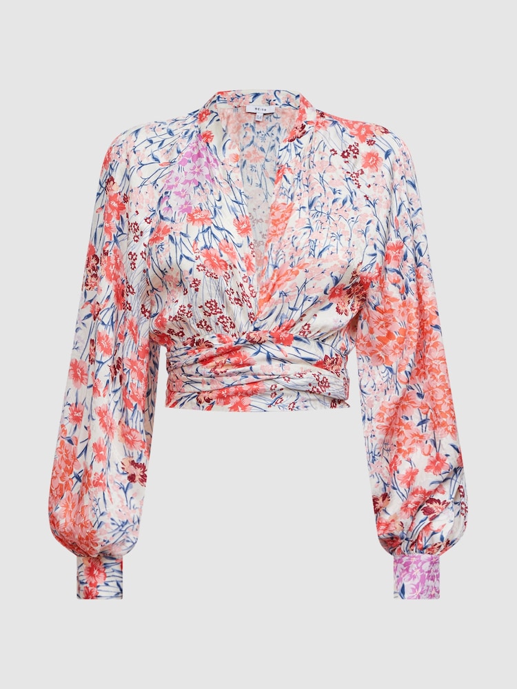 Reiss Coral/White Elle Floral Print Tie Front Cropped Blouse - Image 2 of 5