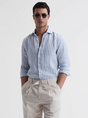 Reiss Soft Blue Herringbone Stripe Ruban Linen Long Sleeve Shirt - Image 1 of 4
