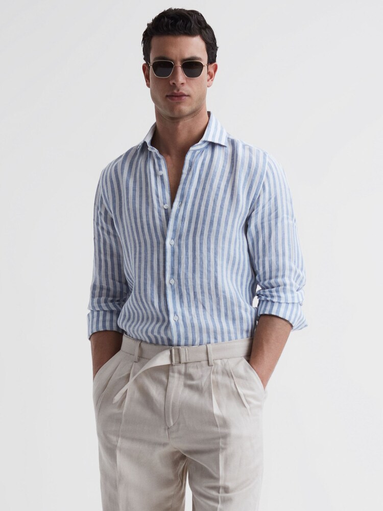 Reiss Soft Blue Herringbone Stripe Ruban Linen Long Sleeve Shirt - Image 1 of 4