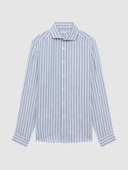 Reiss Soft Blue Herringbone Stripe Ruban Linen Long Sleeve Shirt - Image 2 of 4