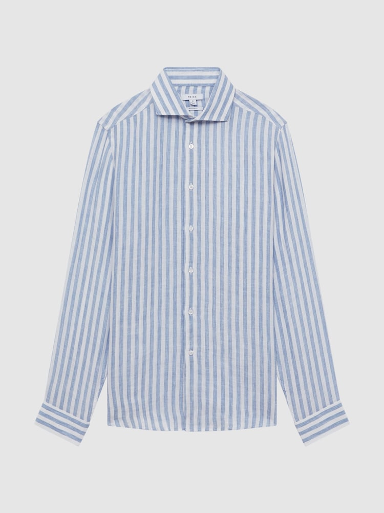Reiss Soft Blue Herringbone Stripe Ruban Linen Long Sleeve Shirt - Image 2 of 4