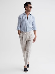 Reiss Soft Blue Herringbone Stripe Ruban Linen Long Sleeve Shirt - Image 3 of 4